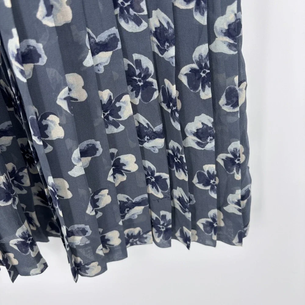 Tory Burch Cecilia Floral Pleated Dress Sz 2 Blue Cream A-Line Bow‎ Neck Chiffon